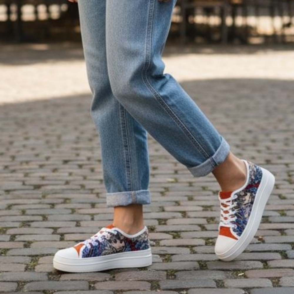 J/Slides Nikki Platform Sneaker Orange & Blue Tropical Multi-Embroidered, Size 7